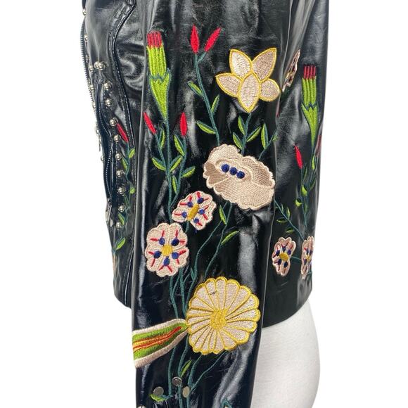 Elli White Black Faux Leather Floral Embroidered Studded Moto Biker Jacket Sz S - Picture 4 of 8